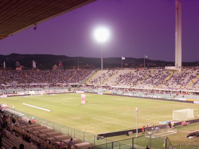Soccer stadium at dusk
