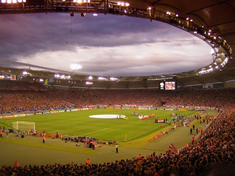 Soccer stadium at dusk