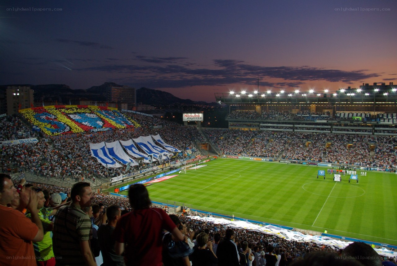Soccer stadium at dusk