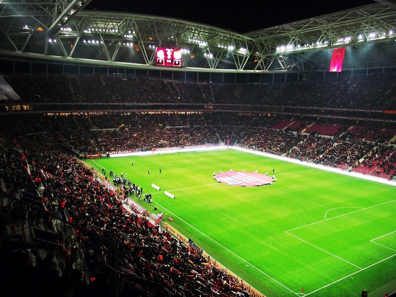 Soccer Stadium at Night — Green, Energetic, Photograph, Crowd, Field, Scoreboard