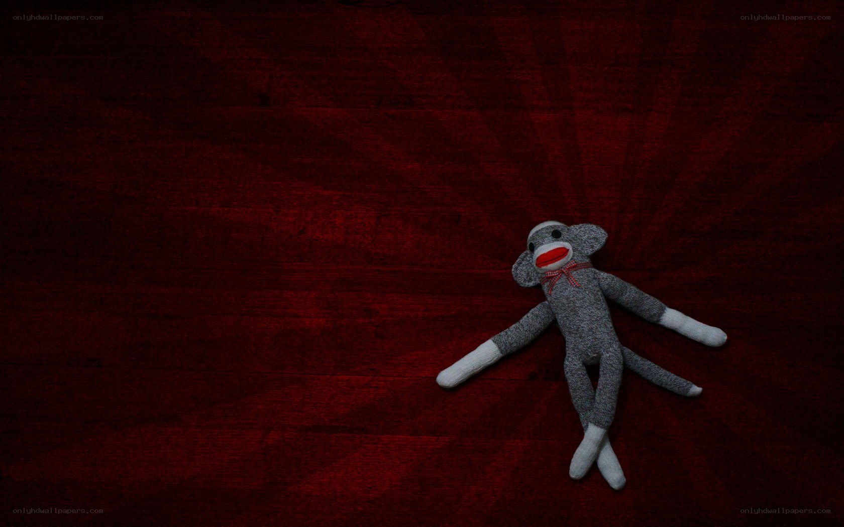 Sock monkey on red surface