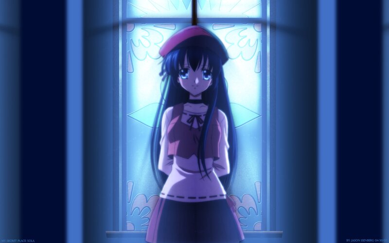 Sola by stained glass window