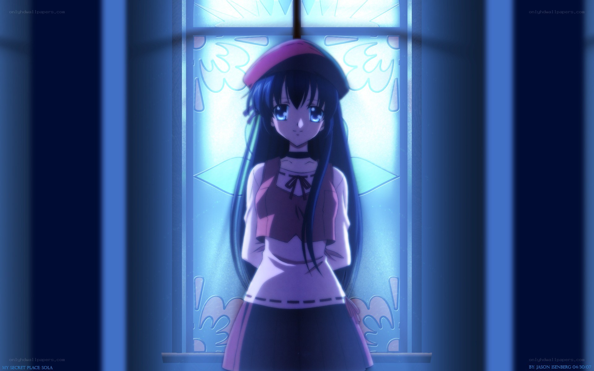 Sola by stained glass window