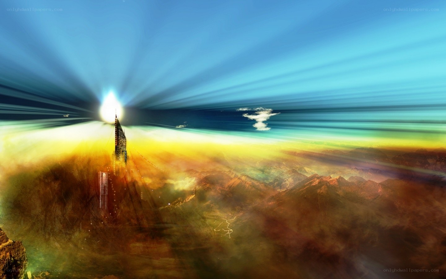 solar beam over mountain city