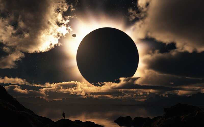 solar eclipse over alien landscape