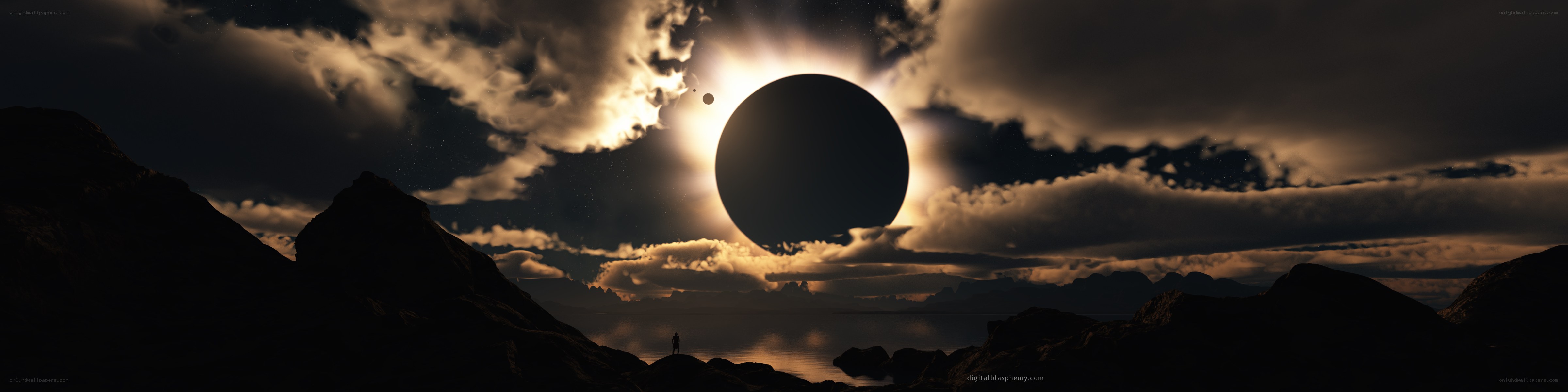 Solar eclipse over alien landscape