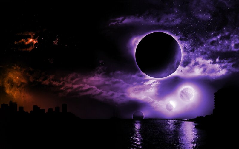 Solar Eclipse over City — Purple, Dramatic, Night, Digital Art