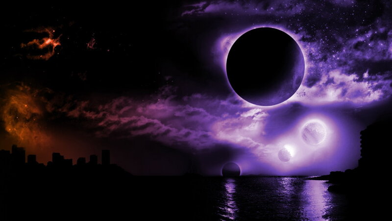 Solar Eclipse over City — Purple, Dramatic, Night
