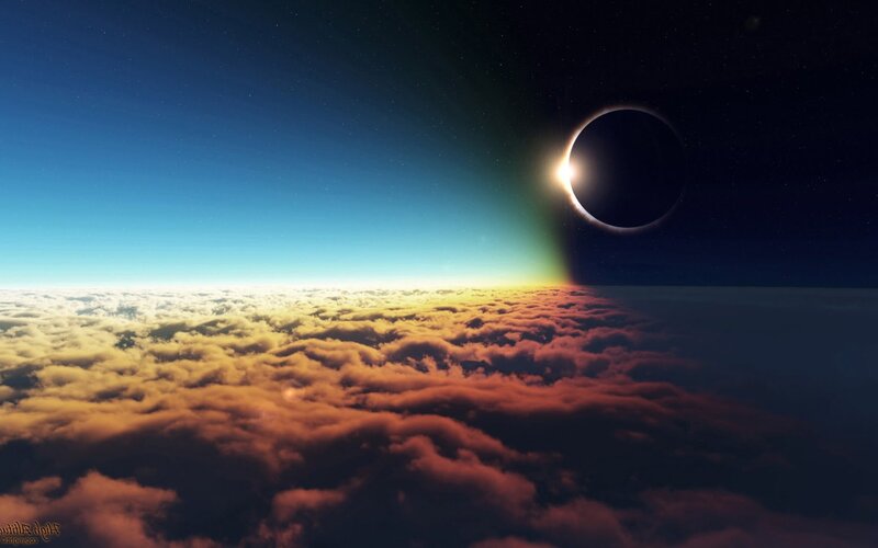 Solar Eclipse over Clouds — Blue, Dramatic, Night, Digital Art, Sky, Orange