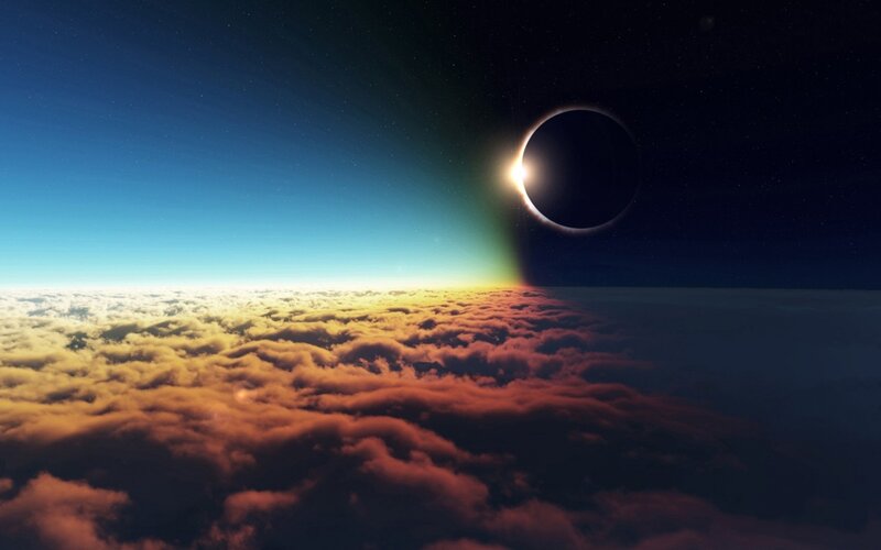 Solar Eclipse over Clouds — Blue, Dramatic, Night, Digital Art