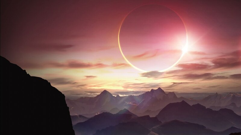 Solar Eclipse over Mountains — Purple, Dramatic