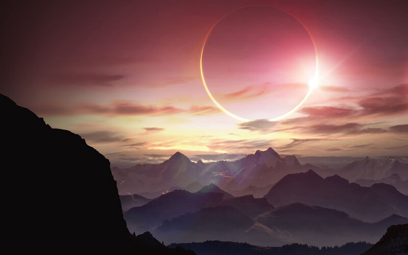 Solar Eclipse over Mountains — Purple