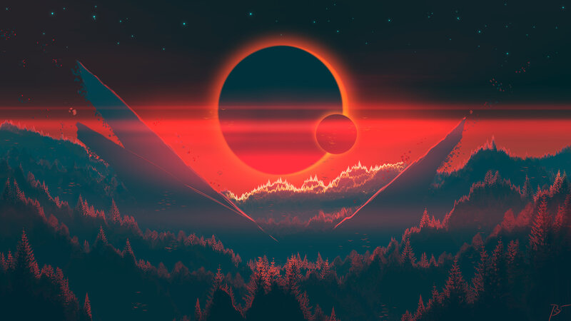 Solar Eclipse over Mountains — Red