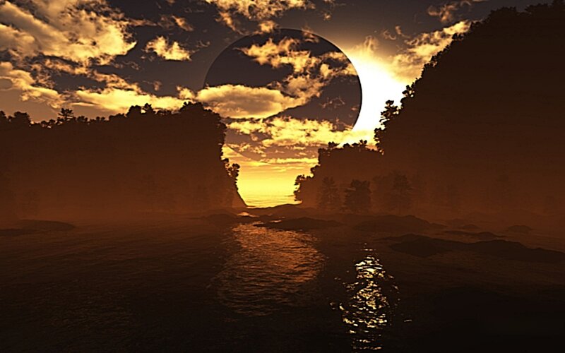 Solar Eclipse over Water — Orange, Dramatic