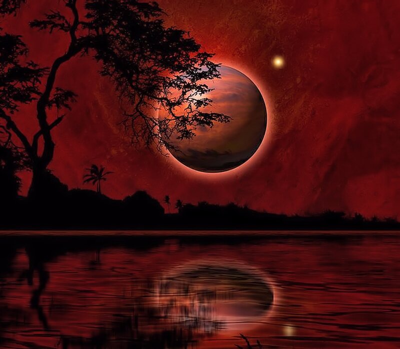 Solar Eclipse over Water — Red