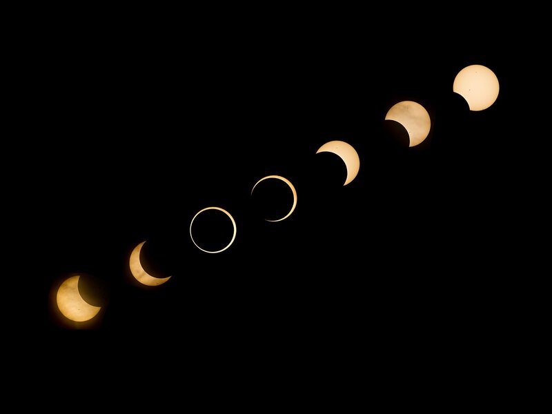 Solar Eclipse Sequence — Black, Dramatic, Night, Photograph, Sun, Moon