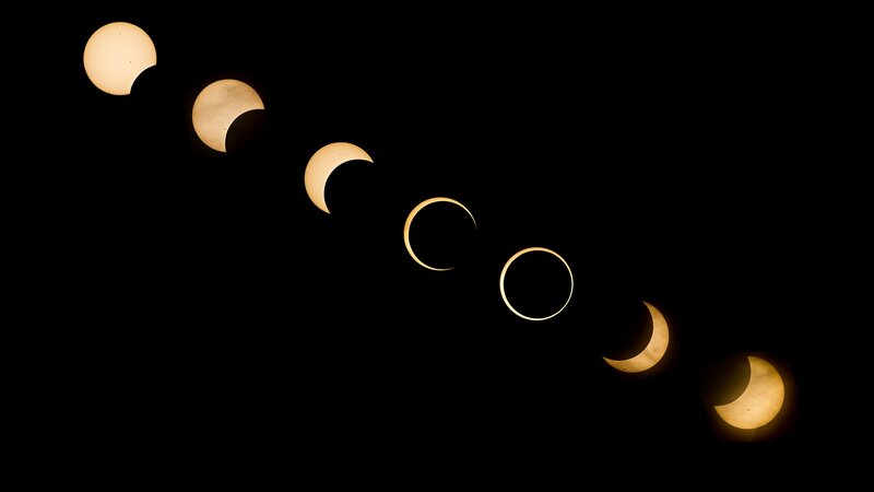 Solar Eclipse Sequence — Black, Dramatic, Night, Photograph, Sun