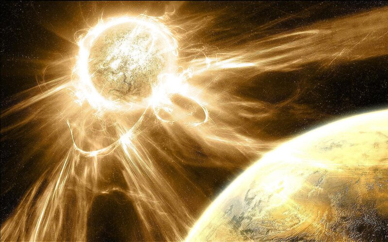 Solar flare over a planet