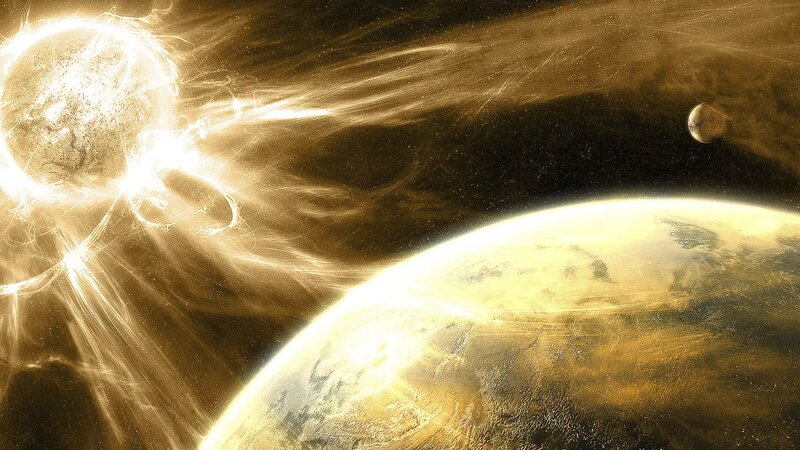 Solar flare over alien planet
