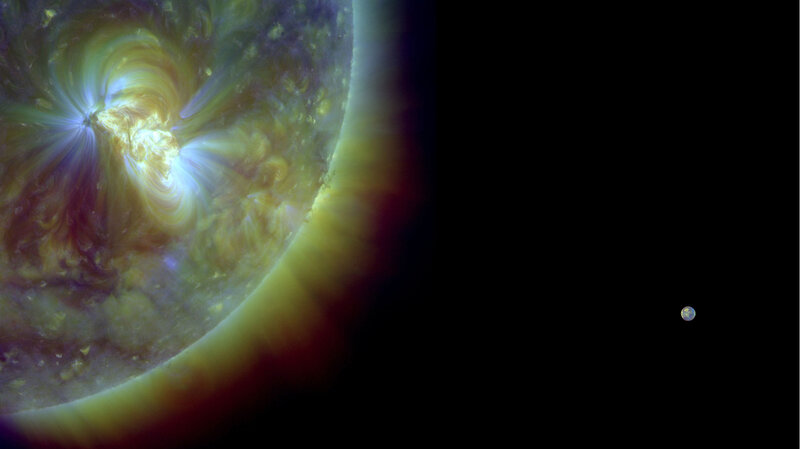 Solar flare with Earth in view