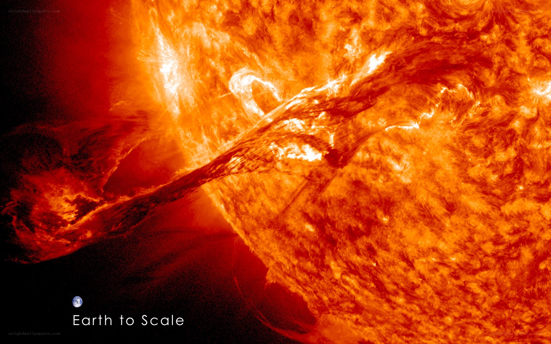 Solar flare with Earth to scale