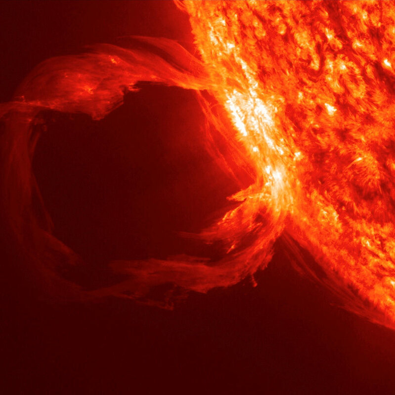 Solar Prominence Eruption — Red, Dramatic
