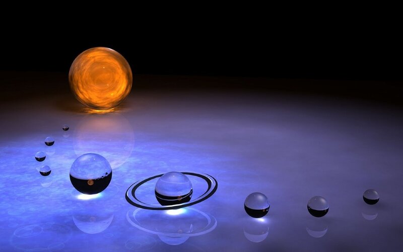 Solar System Model — Blue, Dramatic, 3d Render, Planet, Ring, Sun, Orange