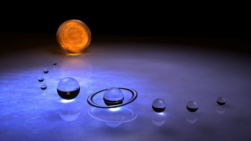 Solar System Model — Blue, Dramatic, 3d Render, Planet, Sun, Rings, Orange