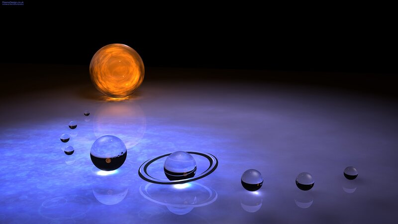 Solar System Model — Blue, Dramatic, 3d Render, Planets, Rings, Sun