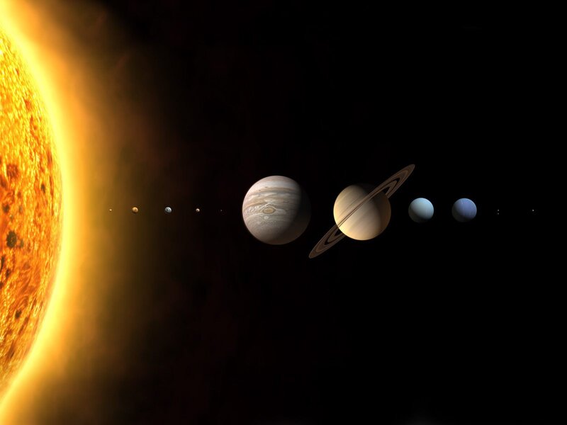 Solar System Planets — Black, Dramatic, 3d Render, Sun, Rings, Yellow, Brown