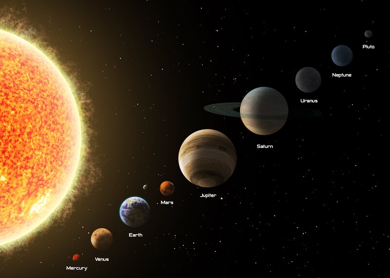 Solar System Planets — Black, Dramatic, 3d Render, Sun, Stars