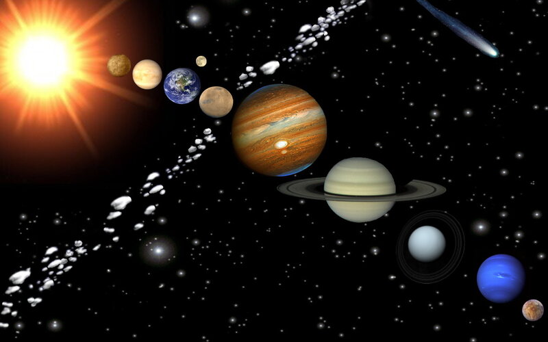 Solar System Planets — Black, Dramatic, Digital Art, Sun, Asteroids