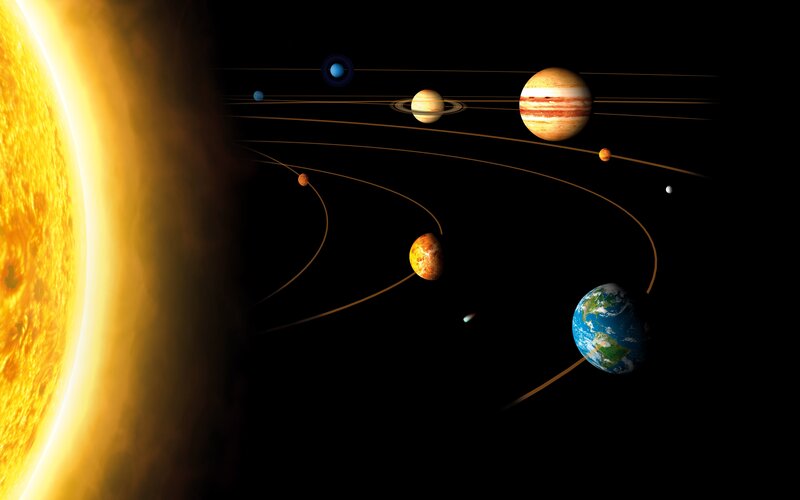 Solar System Planets — Black, Dramatic, Digital Art, Sun, Orbits