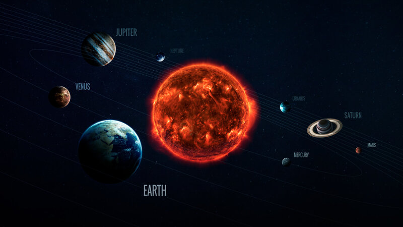 Solar System Planets — Black, Dramatic, Night, Digital Art, Sun, Orbits