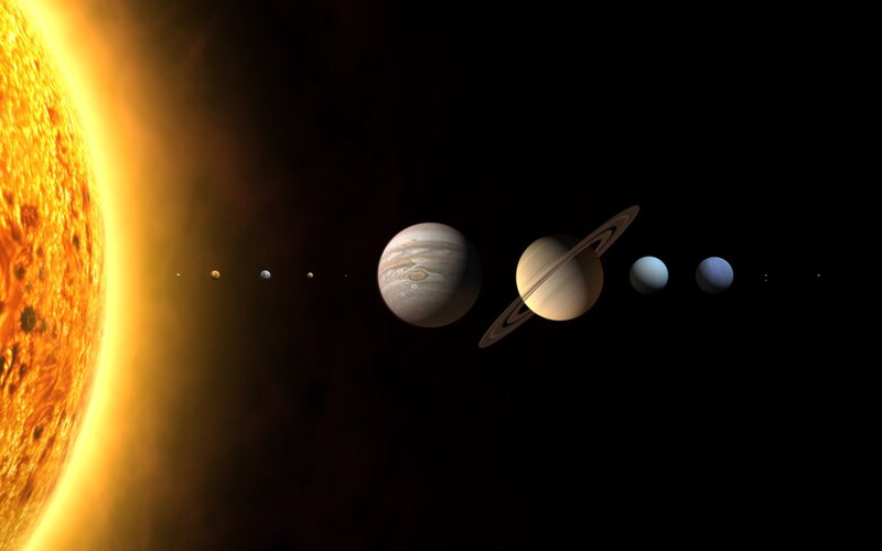 Solar System Planets — Yellow, Dramatic, 3d Render, Sun, Rings, Black, Blue