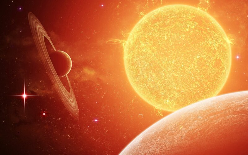 Solar system with ringed planet