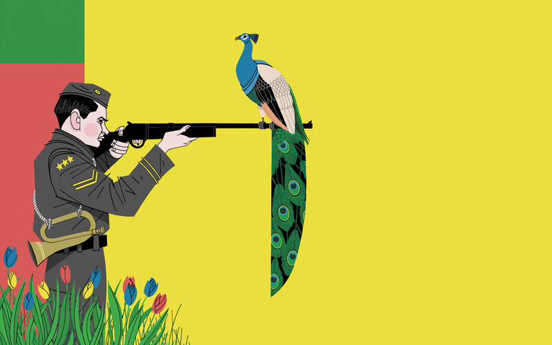 Soldier aiming at a peacock
