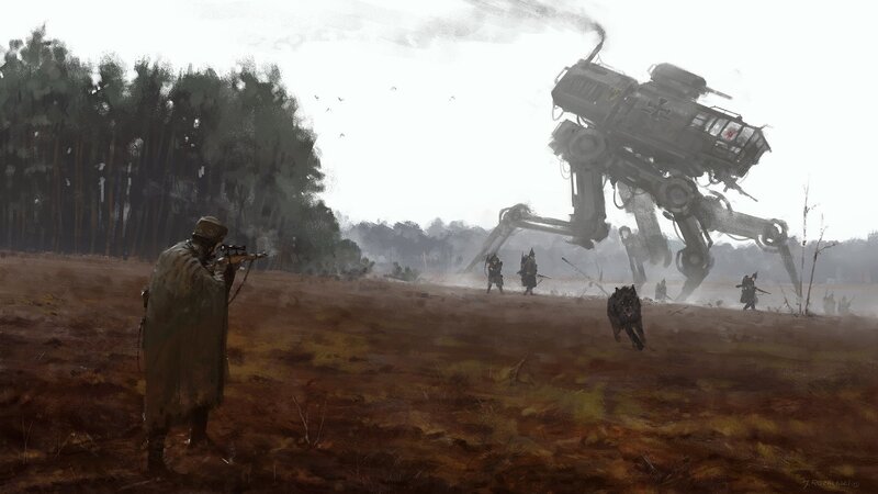 Soldier Aiming Rifle — Brown, Dramatic, Digital Art, Mech