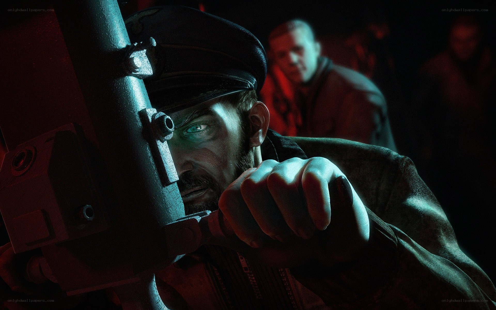 soldier aiming weapon in dark room