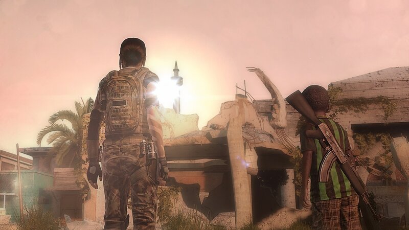 soldier and child in war-torn city