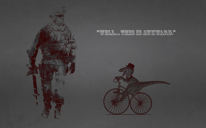Soldier and dinosaur on bike