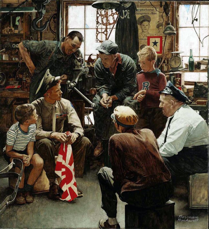 Soldier and mechanics in garage