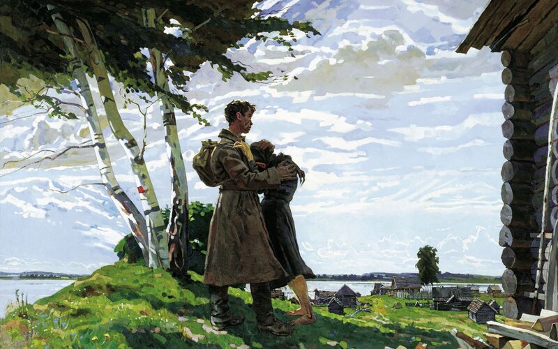 Soldier and woman embrace