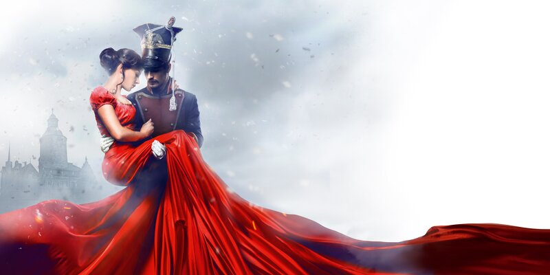 Soldier and woman in red dress