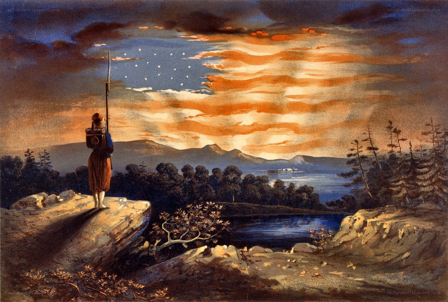 Soldier at dawn with flag sky