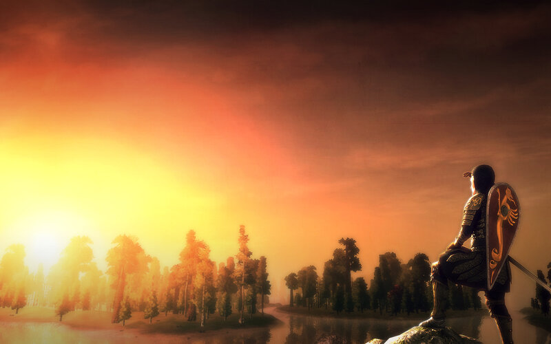 soldier at sunset by the river