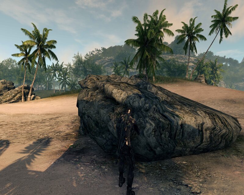 soldier behind rock in tropical setting