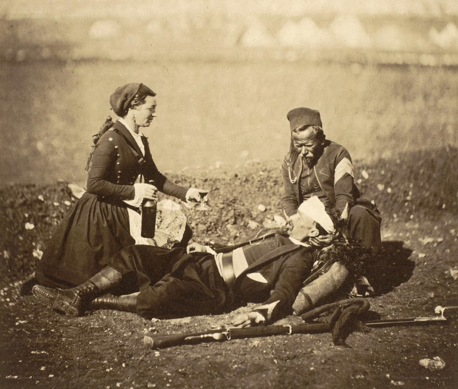 Soldier being cared for after battle
