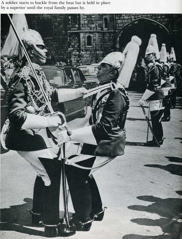 Soldier buckling during royal procession