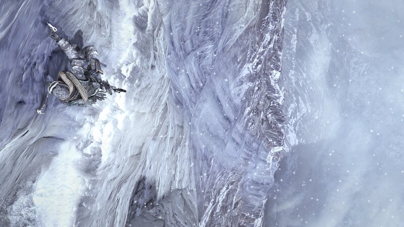 Soldier Climbing Ice Wall — White, Cold, Dramatic